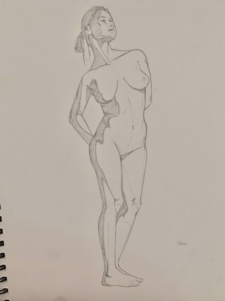 a graphite study of a person in the nude, standing contrappasto with their hands behind their back