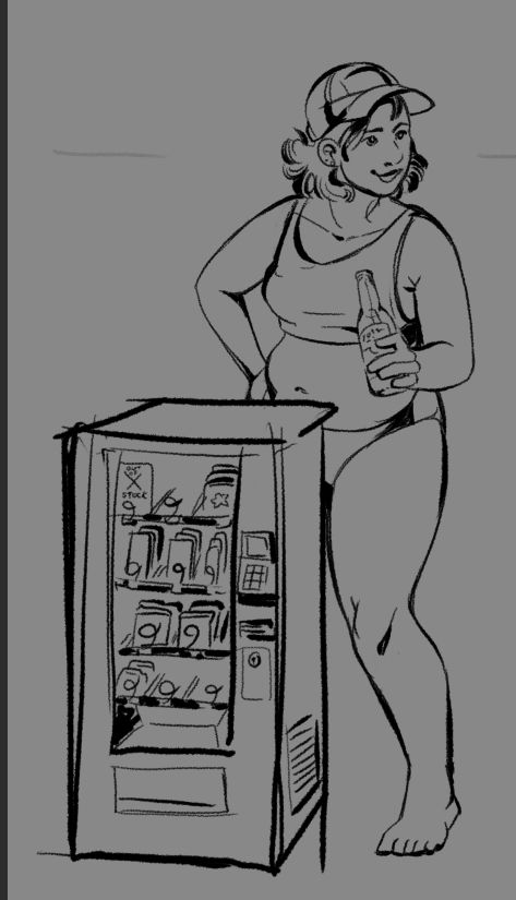 an unfinished digital drawing of a young woman drinking a beer in a bathing suit. her right leg is very conspicuously blocked by a small, out of place vending machine