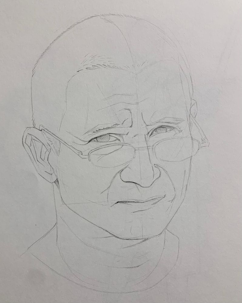 a minimally rendered portrait sketch done in graphite, of a man roughly in his mid-60s