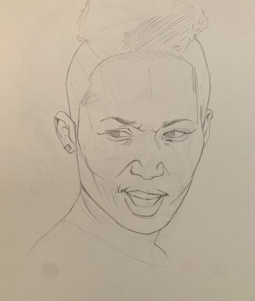 a pencil contour portrait of a young person squinting slightly in the sun