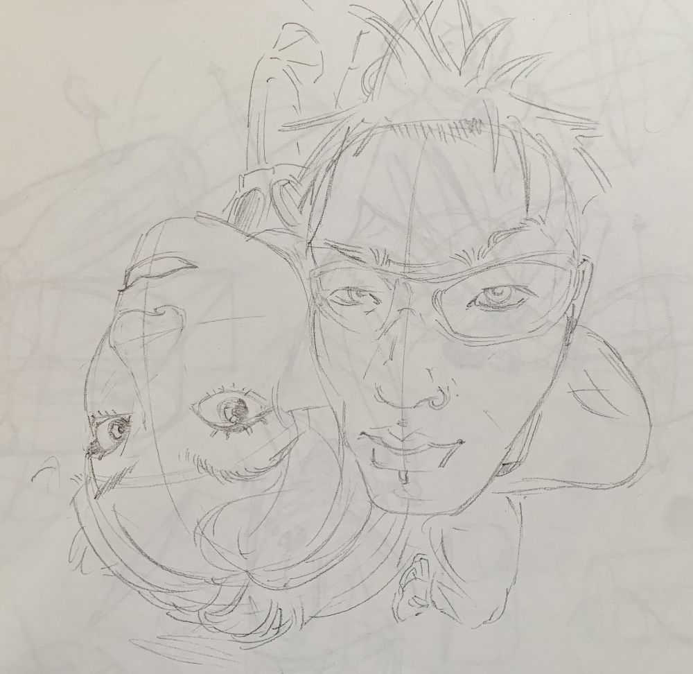 a graphite drawing of two people sitting side by side on a bench. the viewpoint is from above with a heavy fish eye effect, so primarily only their faces can be seen