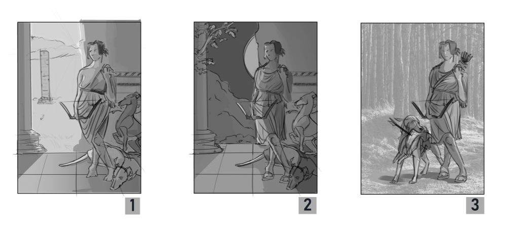 three digital, grayscale thumbnails depicting a feminine figure posed as the goddess artemis. consistent between all thumbails is the placement of the figure, pose, and presence of one or more hounds, but the other features vary significantly between thumbnails