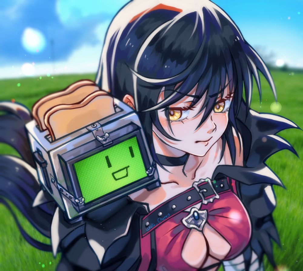Picture of Toasterchrome, a toaster with a box with a screen attached to it, and Velvet Crowe, the main protagonist of Tales of Berseria. Toaster is riding on Velvet's shoulder with a smile on his face while Velvet has an annoyed look on her face. It's a sunny day in the background with a grassy area.