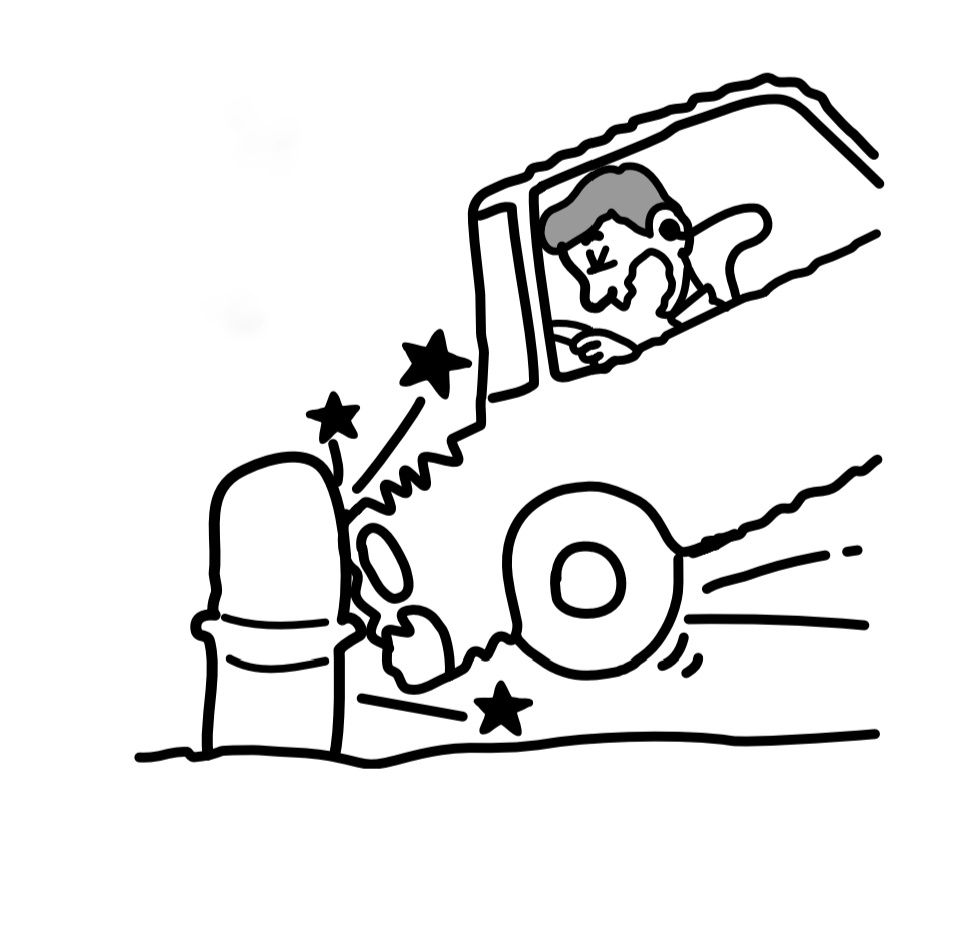 A man driving a car into a fire hydrant or bollard, the front of the car is crumpled 