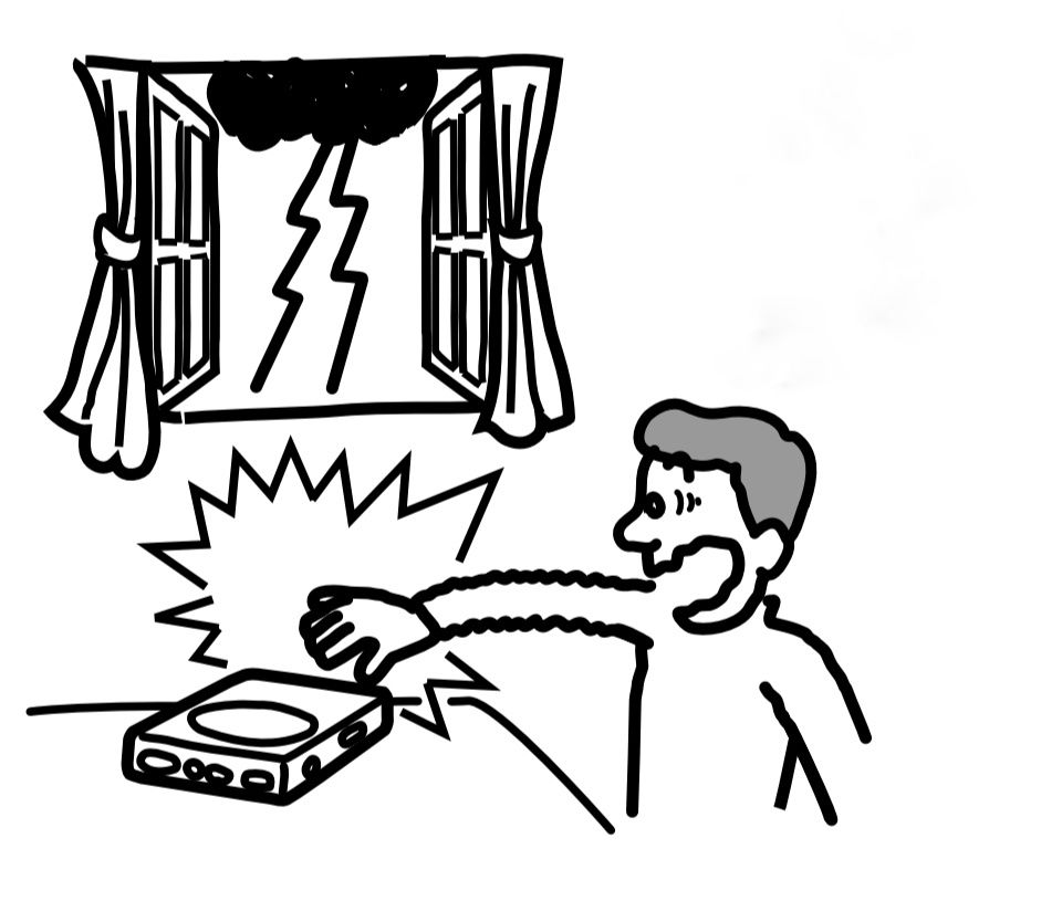 A man touching a CD player with a storm outside, he looks alarmed and there's an explosion drawn around his hand