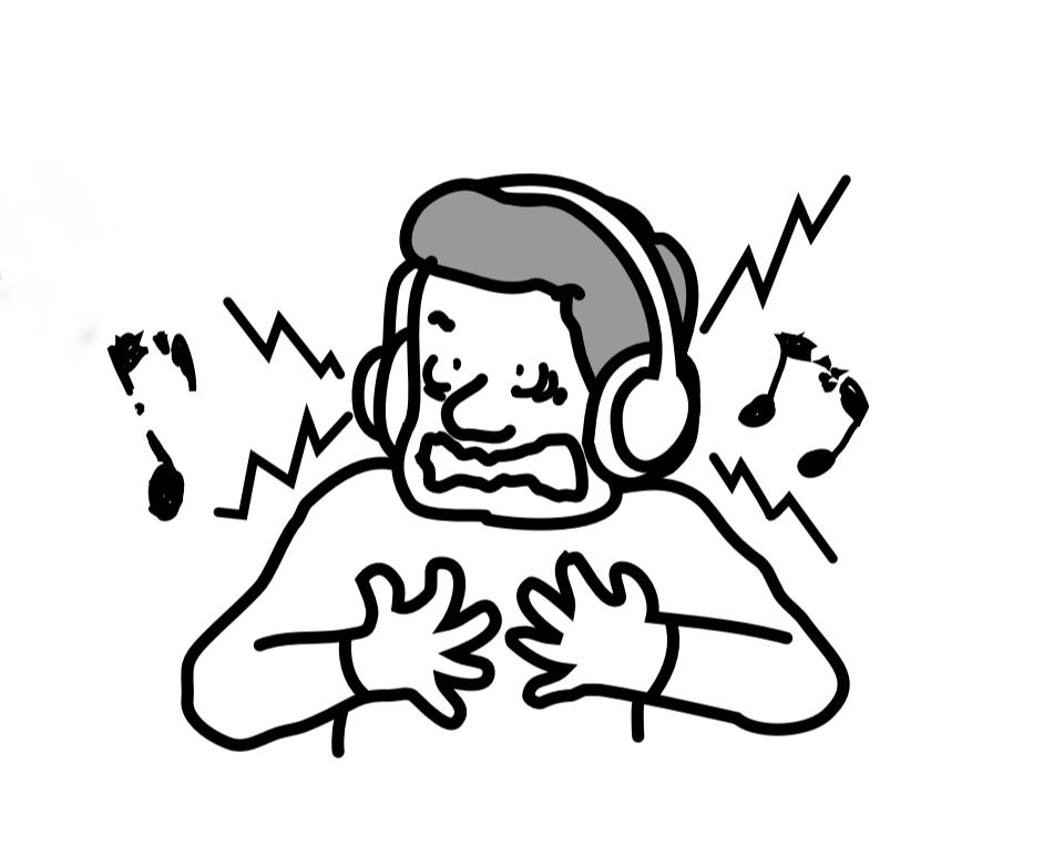 drawing of a man listening to headphones with little beams and broken notes coming out 