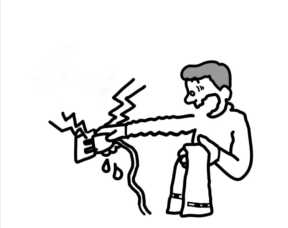 Drawing of a man plugging a cord into a socket with water drops coming down, he looks alarmed and there's lightning coming out of the socket 