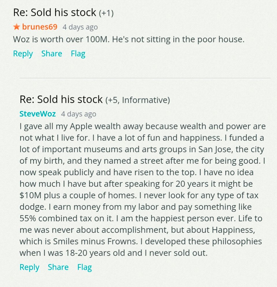 Re: Sold his stock (+1)
brunes69 4 days ago Woz is worth over 100M. He's not sitting in the poor house. Reply Share Flag
Re: Sold his stock (+5, Informative) SteveWoz 4 days ago
I gave all my Apple wealth away because wealth and power are not what I live for. I have a lot of fun and happiness. I funded a lot of important museums and arts groups in San Jose, the city of my birth, and they named a street after me for being good. now speak publicly and have risen to the top. I have no idea how much I have but after speaking for 20 years it might be $10M plus a couple of homes. I never look for any type of tax dodge. earn money from my labor and pay something like 55% combined tax on it. I am the happiest person ever. Life to me was never about accomplishment, but about Happiness, which is Smiles minus Frowns. I developed these philosophies when I was 18-20 years old and never sold out. Reply Share Flag