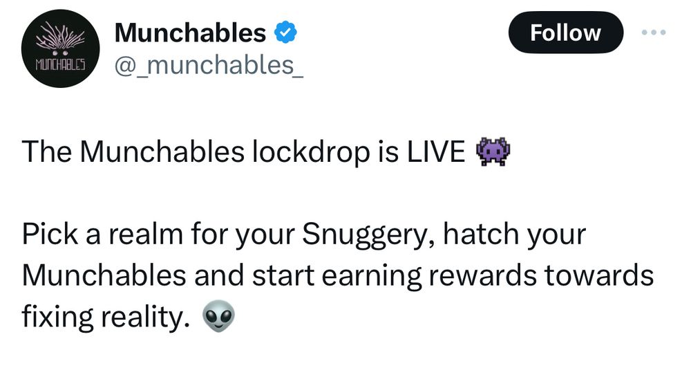 Munchables & @_munchables_
Follow
The Munchables lockdrop is LIVE
Pick a realm for your Snuggery, hatch your Munchables and start earning rewards towards fixing reality.