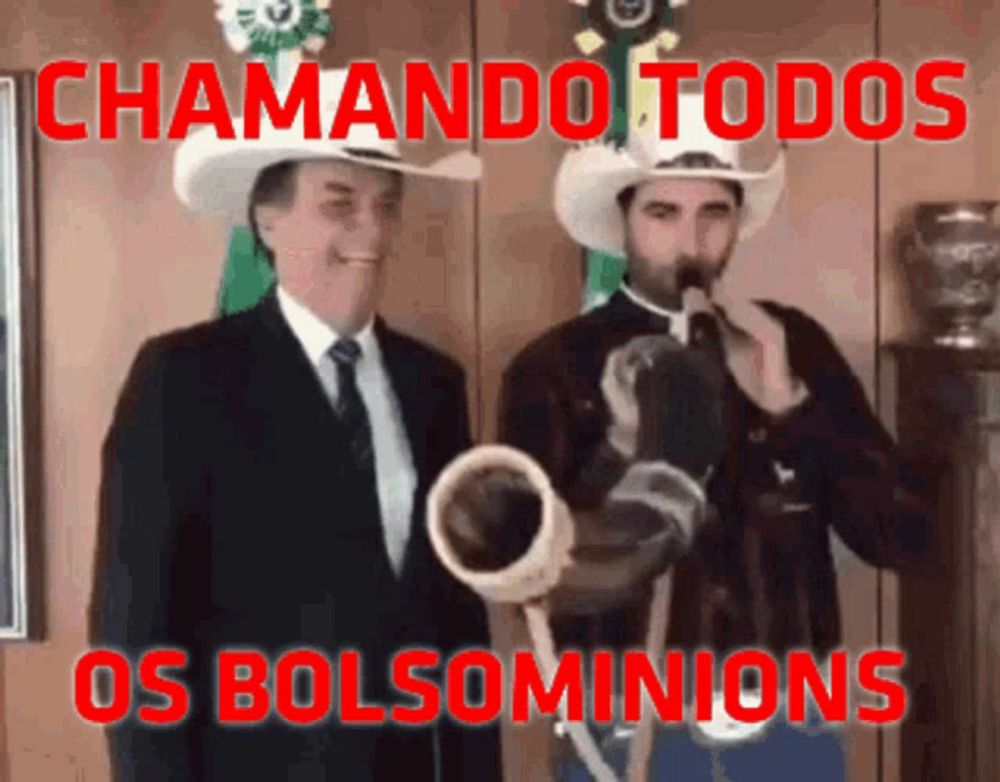 two men wearing cowboy hats are standing next to each other with the words chamando todos os bolso minions written in red