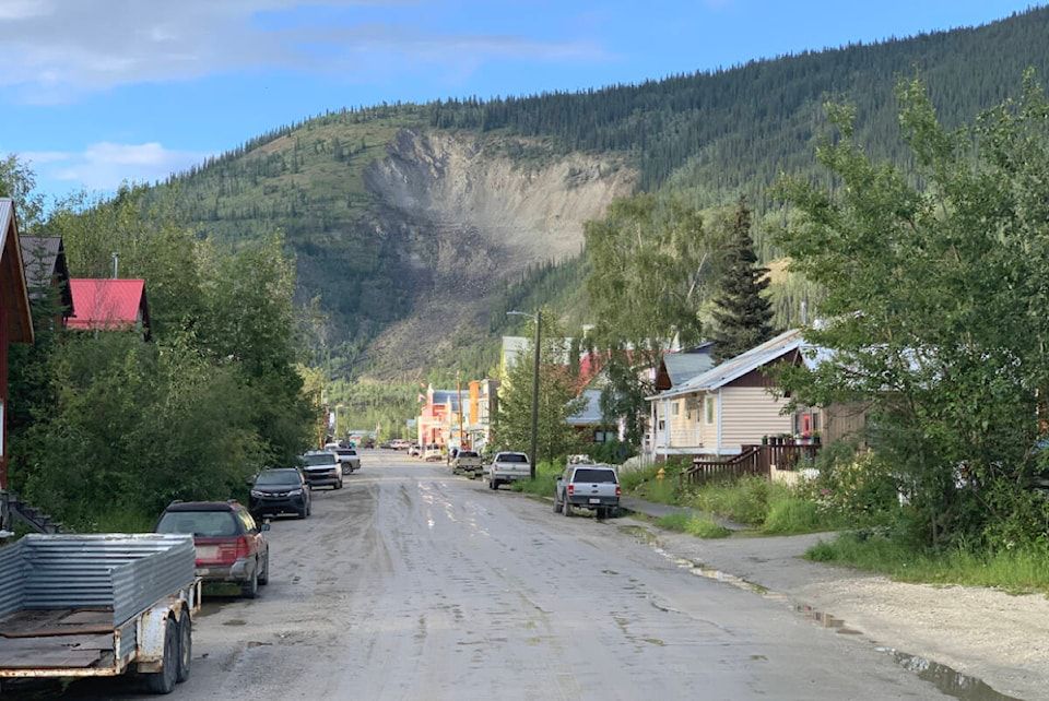 Photo of a large landslide (the Moosehide slide) above Dawson City. Triggered landslides are an important secondary hazard of earthquakes in mountainous regions like the Yukon. Photo by Dana Hatherly/Yukon News.
