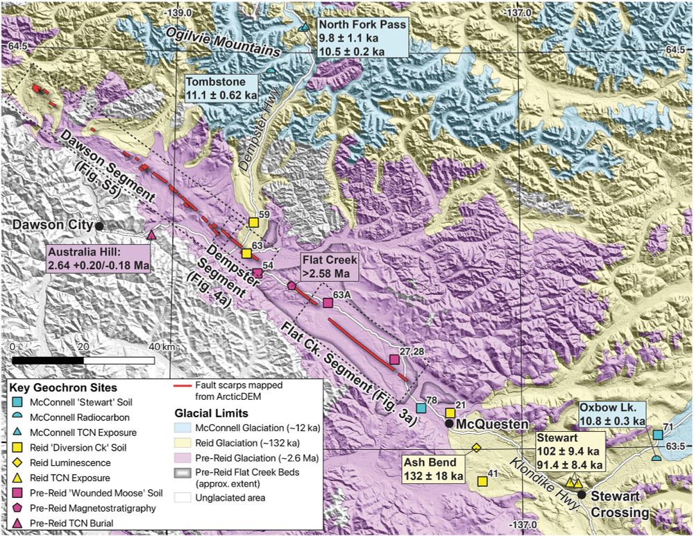 Map showing glacial limits across the Dawson City region of the Yukon. Much of the area was last glaciated 2.6 million years ago, making this a much older landscape than in other parts of Canada 