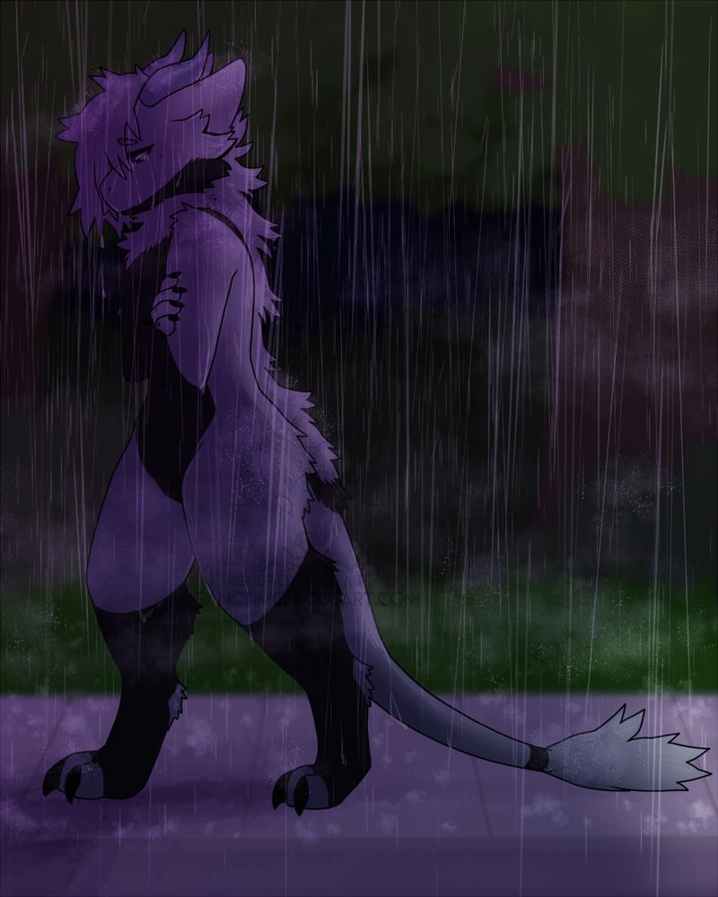 Picture of a furred dragon/Nardoragon walking through the rain at night, crying.