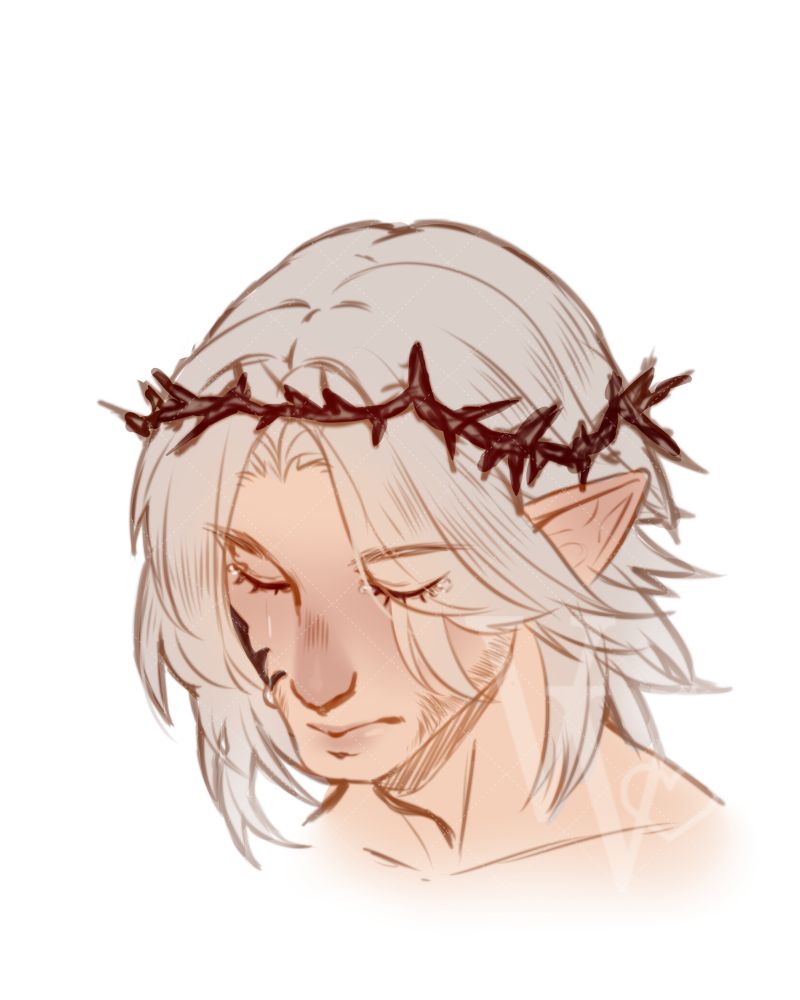 A drawing of Urianger Augurelt. He wears a crown of thorns while he sheds tears.