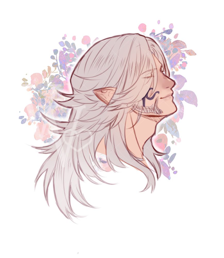 Drawing of Urianger Augurelt with longer hair and flowers behind him.