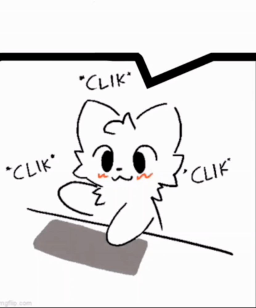 a black and white drawing of a cat with a speech bubble that says " clik "