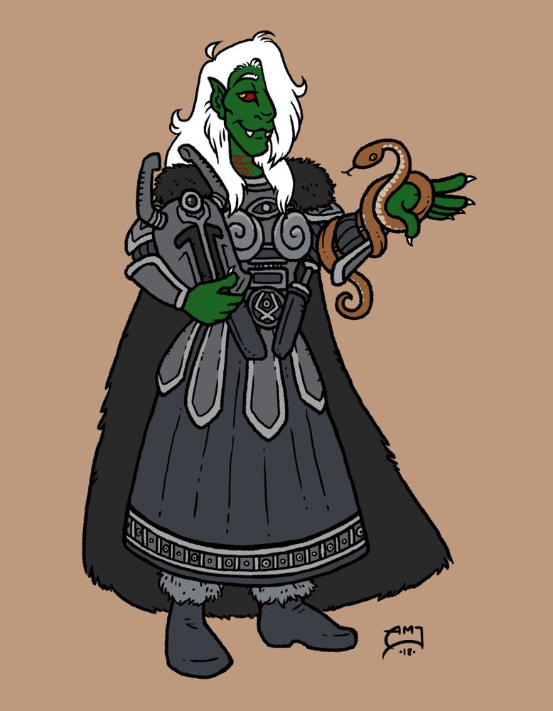 A digital sketch of Sarouth White-Hair, an orc with dark green skin; small, downwards-pointing tusks; and long white hair styled to conceal his left eye. He's dressed in a variant of Thulsa Doom's armor from Conan the Barbarian, the pants being restyled into a skirt bearing his clan pattern, and he's holding a brown-scaled snake in one hand.