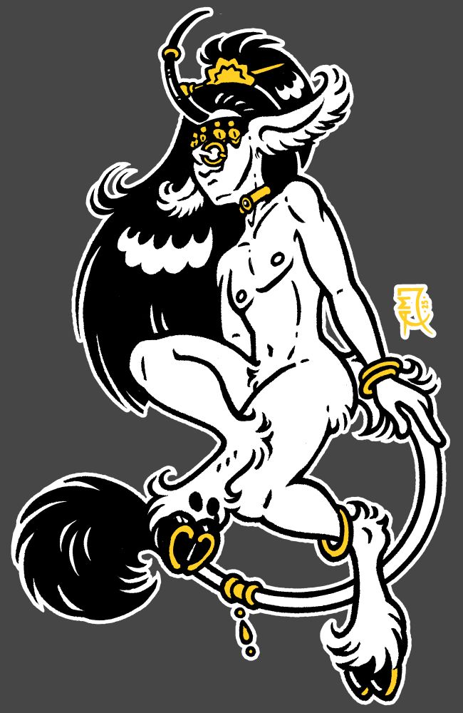 A digital illustration of a masculine character who vaguely resembles a satyr with unicorn parts in place of a goat's. It's a variant of the High Priest from The Priestwife webcomic, so he's got his trademark bejeweled blindfold and long black hair pulled back with a hairpin. The picture is mostly black and white with some spot color for the golden jewelry.