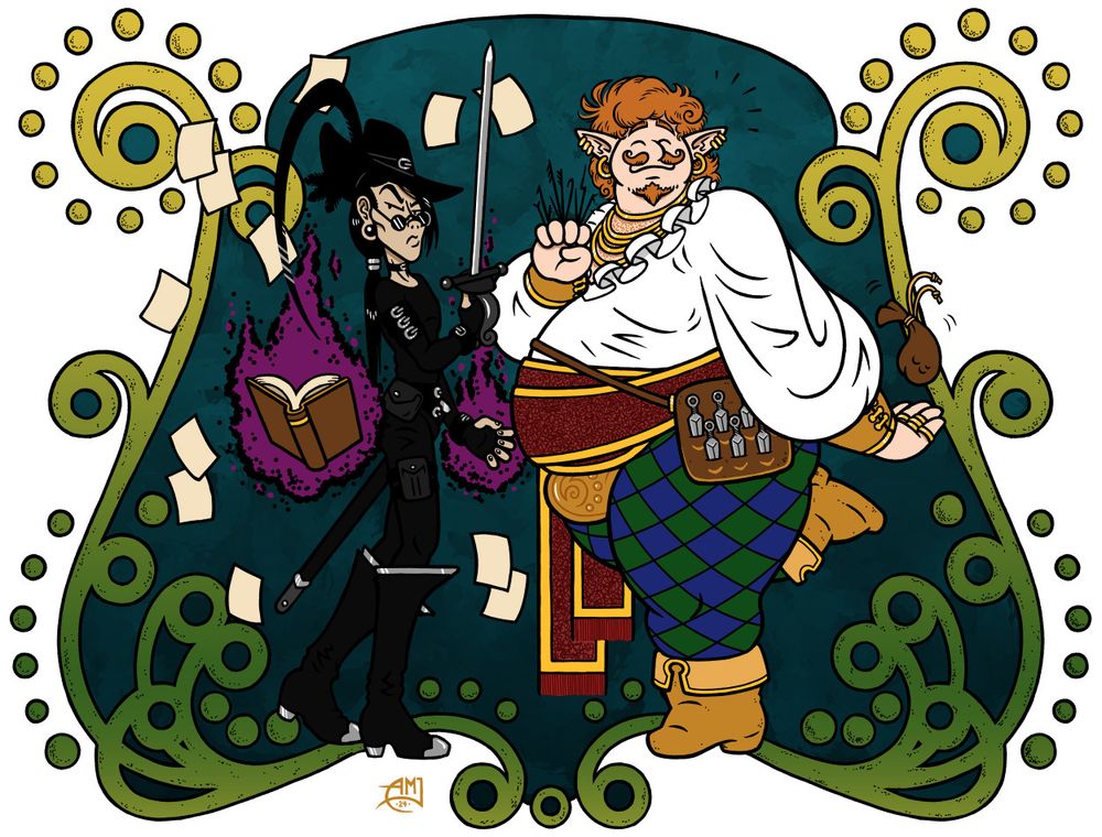 A digital illustration of two adventurers, one a skinny guy all in black with a sword in one hand and a plume of purple magic eddying from the other, the second figure a very fat elf with a ruffled blouse, lots of jewelry, and a fistful of lockpicks, one leg kicked up playfully. The wizardly one has a really prissy expression and tanner skin than his comapnion, who's beaming and is implied to have stolen the wizard's wallet.