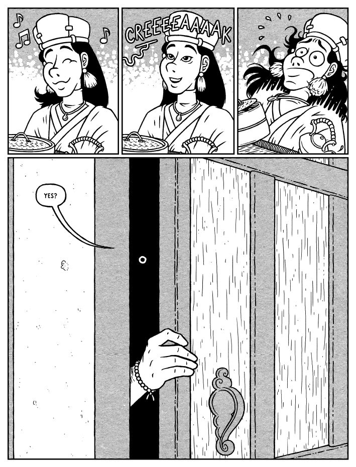 A page from The Priestwife webcomic, showing the Innkeeper merrily waiting outside a closed door with a tray of food in hand, only to be startled by a glowing eye staring at them from the other side of said door.