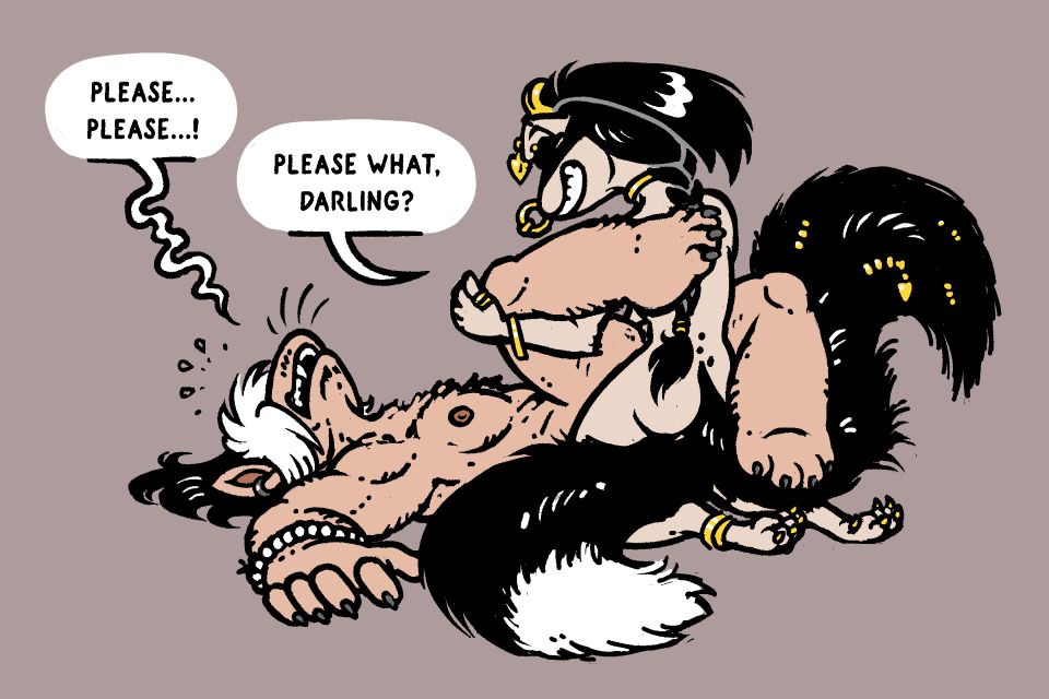 A digital sketch of the leads from The Priestwife webcomic depicted as snouty living puppet creatures with long fluffy tails, as the artist is wont to do; the Priestwife himself is on his back with his legs around the High Priest, who's looking down at him with an enormous grin. "Please...please...!" begs the former, getting a response of "Please what, darling?" from the latter.