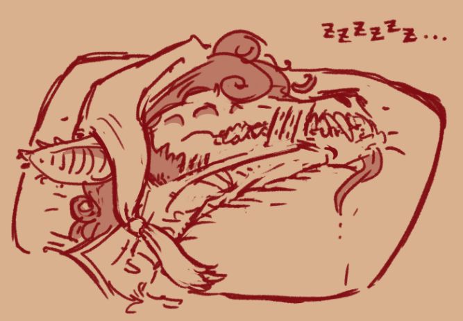 A digital sketch of a long-muzzled creature with a half-flayed face sleeping peacefully on a pillow with his tongue flopped out onto the pillowcase. He has curly hair, mutton chops, and multiple eyes, and he's wearing a tasseled sleeping cap.
