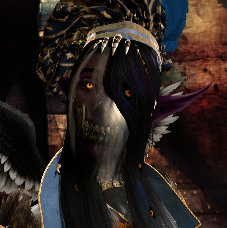 A close-up of the same avatar as before, now better showing off the VERY large gold fangs and black saliva hidden behind his face veil, which is nowhere near opaque enough to actually conceal them. He's regarding the camera with a lightly quizzical expression, at least as conveyed by his head position and eye shape; the lack of lips provides a challenge.