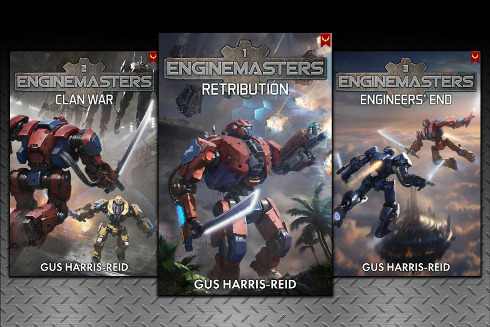 Novel cover display for the EngineMasters trilogy, featuring fighting mechs