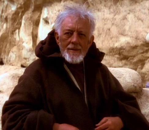 Obi-Wan Kenobi as played by Alec Guinness, saying "Hello there" to R2-D2