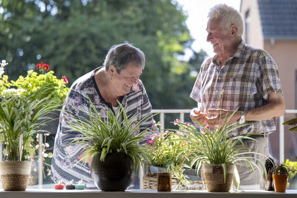 Ouderen die met elkaar praten op een balkon, achter een rij potplanten.