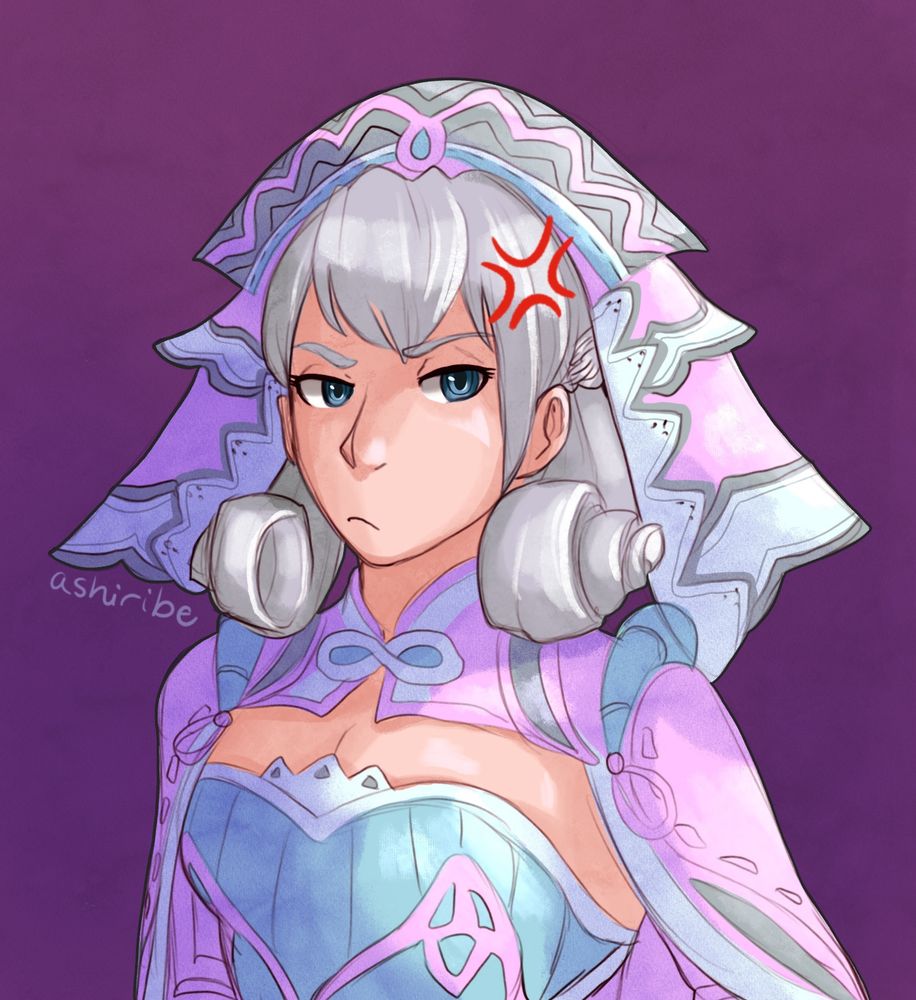 A bust portrait of Melia from Xenoblade Chronicles 1, wearing her headdress to cover her wings. She looks irritated at whoever she’s looking at. 