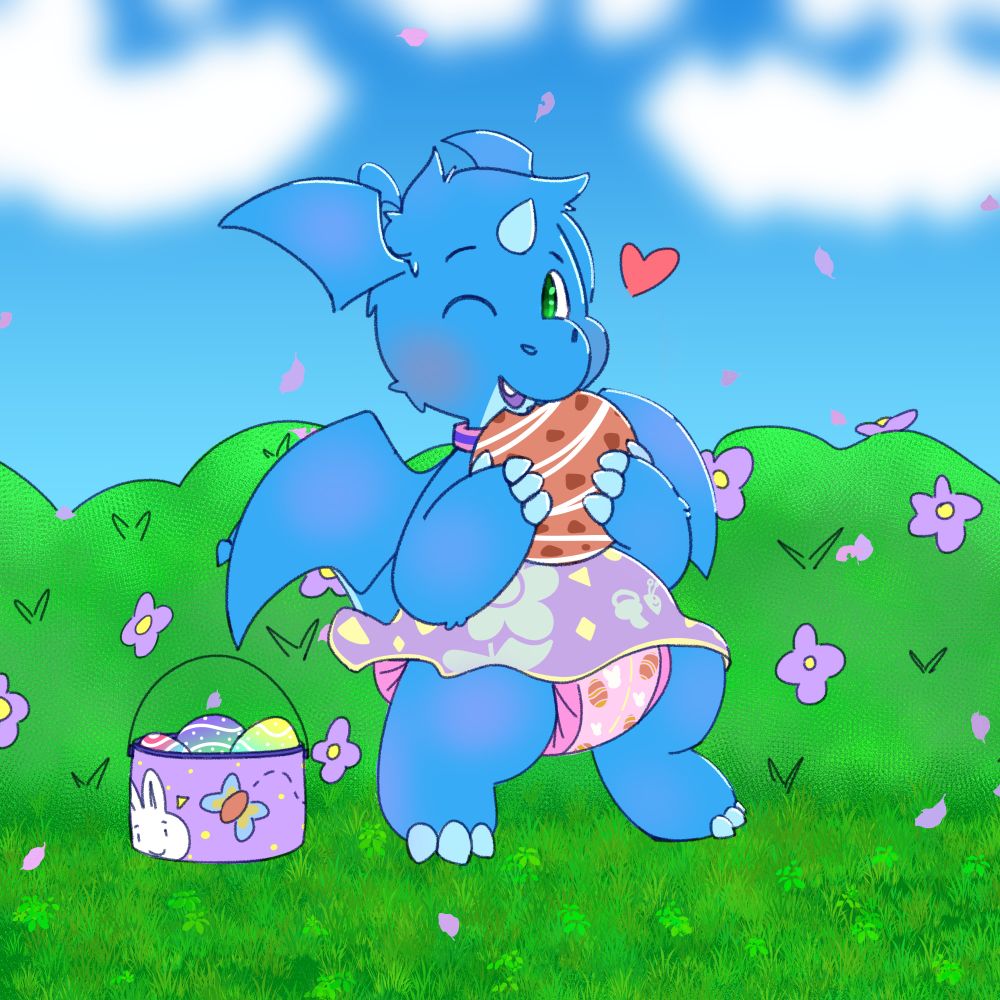 Little blue baby dragon wearing a pastel, flowered themed dress and a spring themed diaper. They are currently eating a giant chocolate egg while enjoying of lovely weather outdoors!