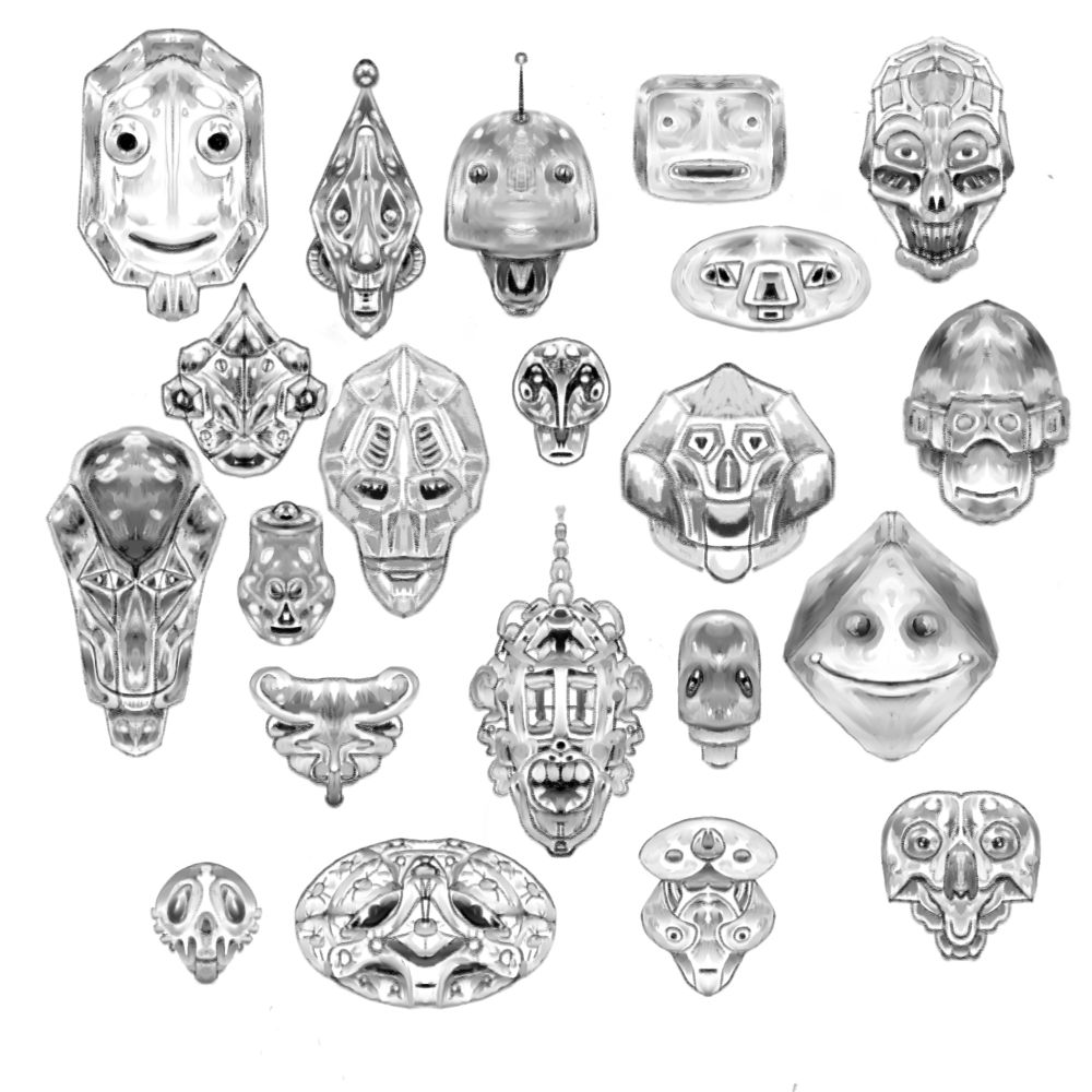 A bunch of odd looking Robot head doodles.