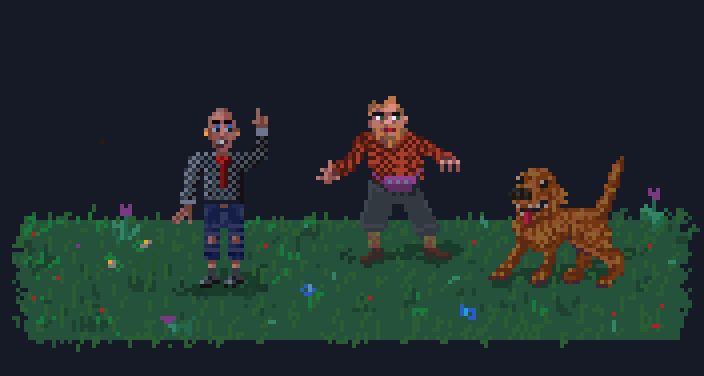 Pixel Art by Aleks Berland of Ska-guy and German tourist and a golden retriever!