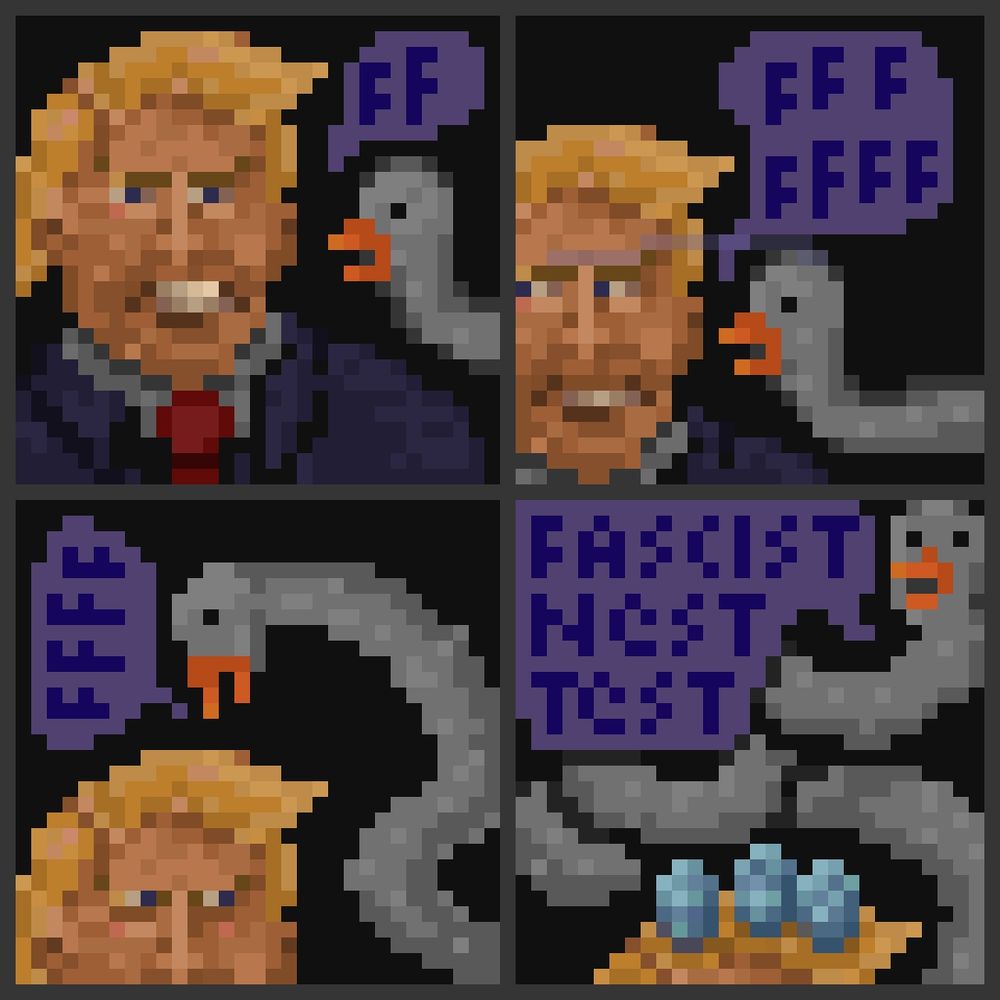 Political Pixel Art Long Neck Goose comic by FuzzkingCool. It's a goose who's Ffffing at Trump. ffffact checking. Ffffascist nest test. Goose laid eggs in Trump's hair.