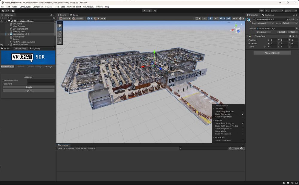 Unity editor screenshot. Denver Micro Center as a VRChat map