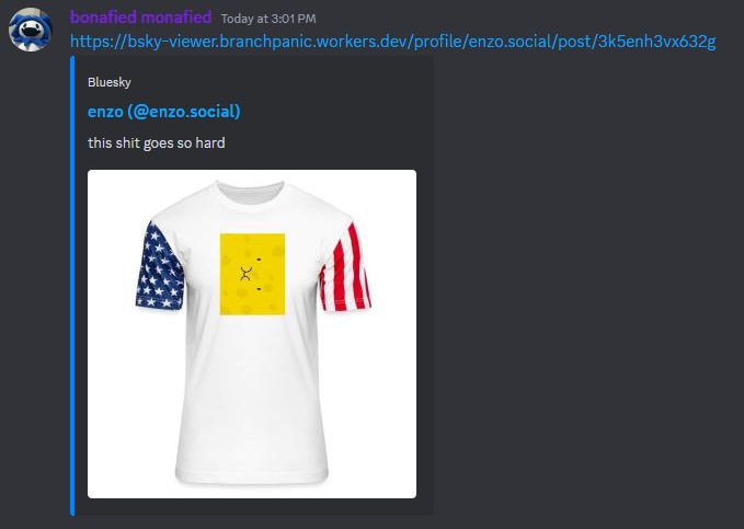 Discord screenshot. Message showing a demo link of the embed tool and an embedded Bluesky post