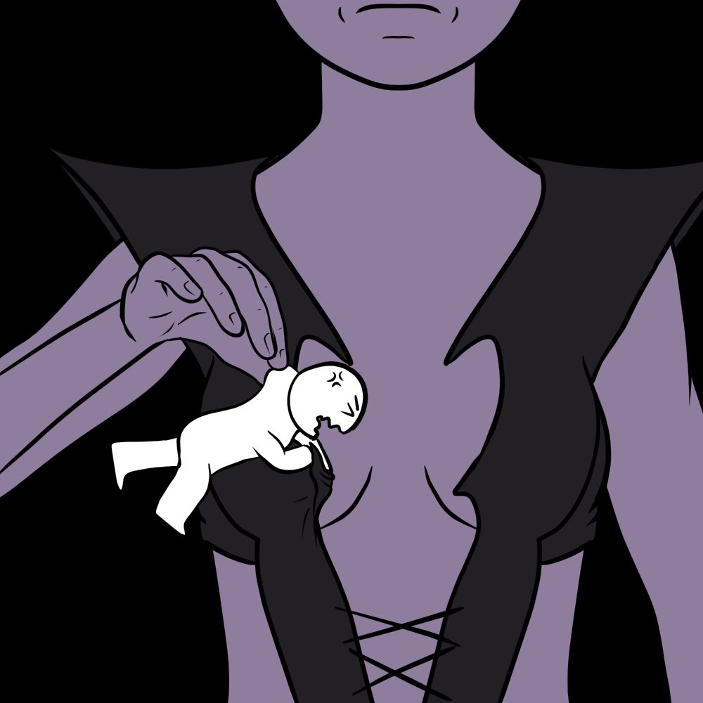 A figure angrily clinging on to the edge of Minthara's camp clothes as she tries to pill them off her tits by the scruff of their neck.