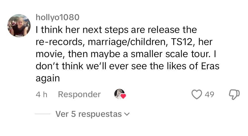 a fan speculation about taylor getting married and having kids

"I think her next steps are release the re-records, marriage/children, TS12, her movie, then maybe a smaller scale tour. I don't think we'll ever see the likes of Eras again"