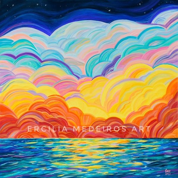 Acrylic on canvas painting of Billowing clouds over the ocean 