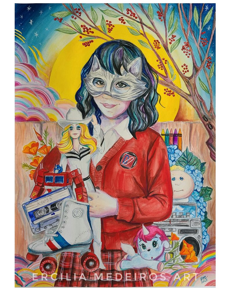 Watercolor painting of a girl child holding a Barbie roller skates a Cabbage Patch Kid against the background of clouds and a sun Fine Art portrait