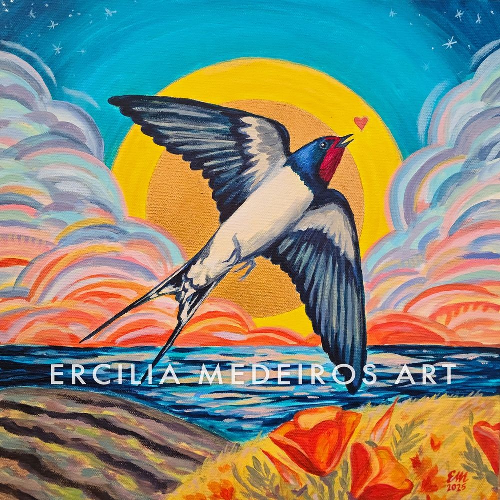 Acrylic on canvas painting of a barn swallow flying in the sky near the ocean above fields with California poppies 