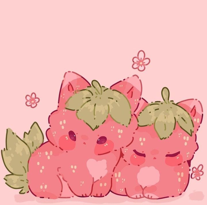 Two Strawberry cats aka "strawpurries" snuggling together in what's called a punnet, they must always be accompanied by a friend! The colours used are much lighter than usual strawberry red giving the piece a pastel tone 
