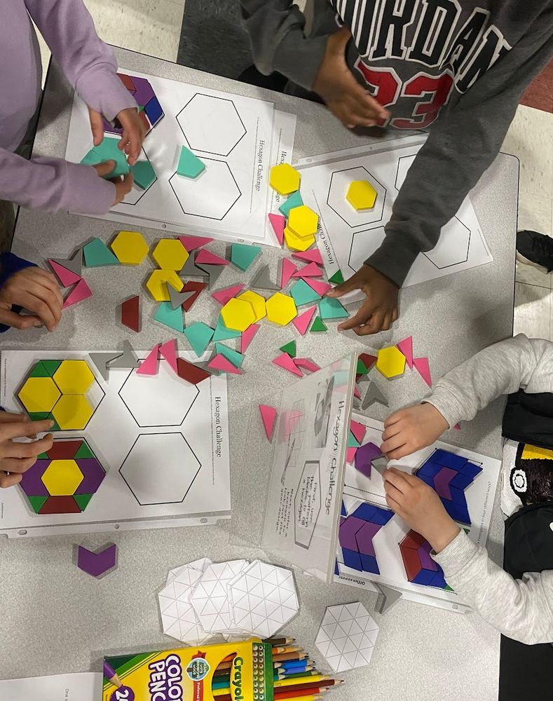 kids puzzling with pattern blocks and creating different hexagons with different pattern blocks. there are different templates. 