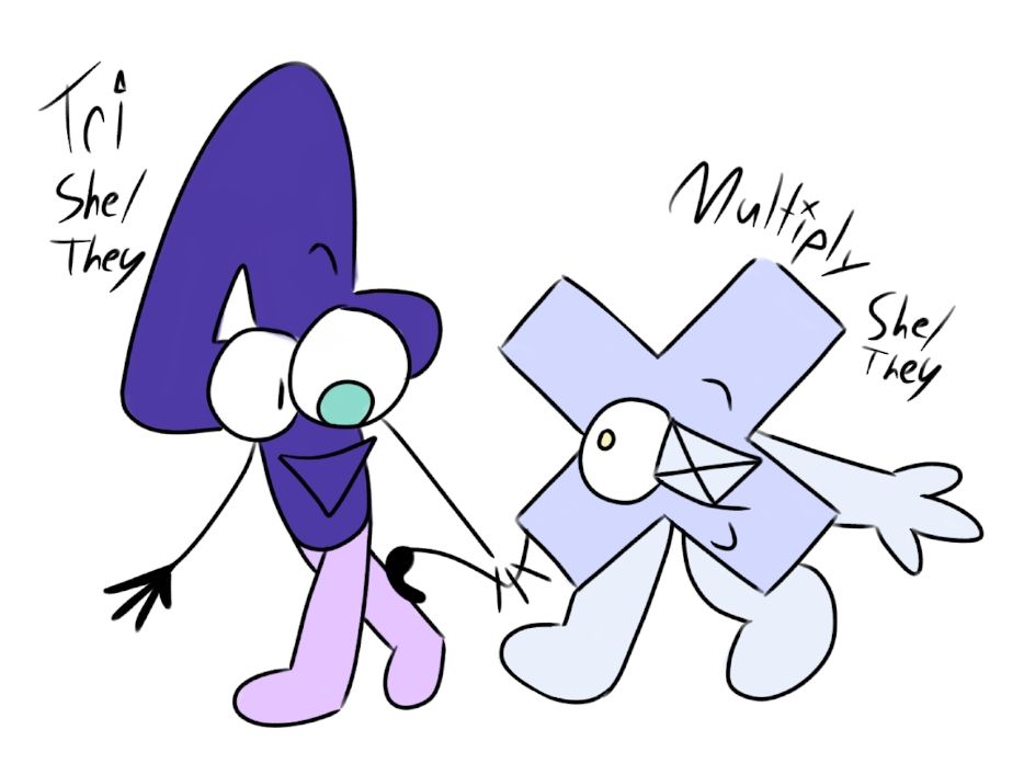 A drawing of two algebraliens in the style of the BFDI series. On the left is a purple number 4 with pink legs, thin arms and a green lazy eye. On the right is a square-cornered X with a lavender body and pale limbs, with a limp thin right arm and a crossed out eye. The 4 is named Tri, the X is named Multiply. Both use she/they pronouns