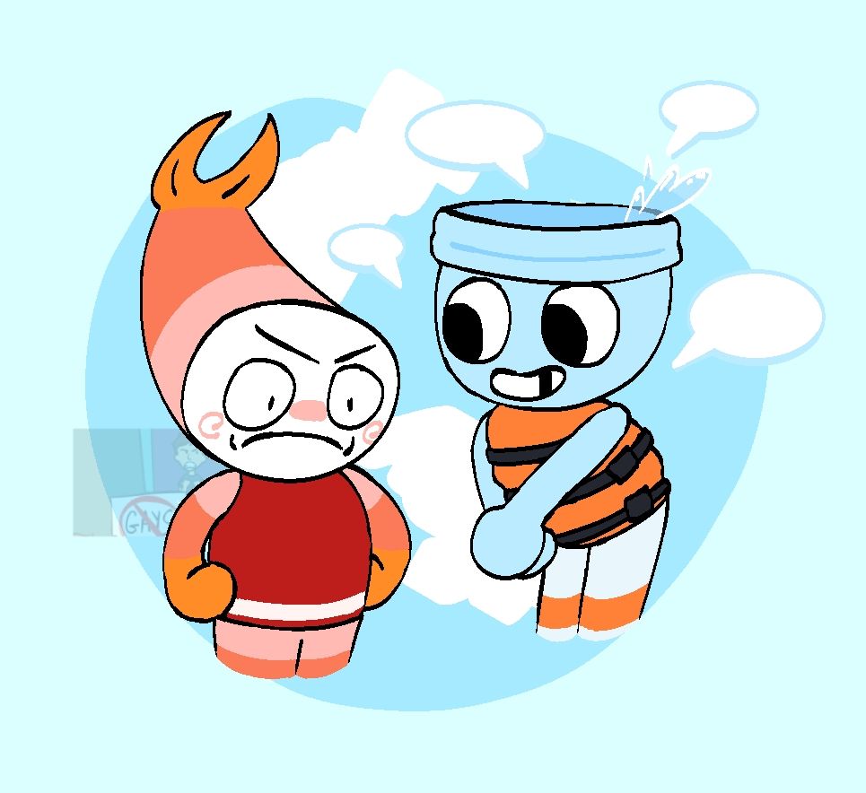 A drawing of Shrimpo and Finn the Fish Bowl from Dandy's World. Finn is yapping with a bunch of blank speech bubbles around him. Shrimpo looks ready to deck him. A frame from the 'I quickly became homophobic' meme is behind Shrimpo. The background is a simplistic representation of a water swirl.