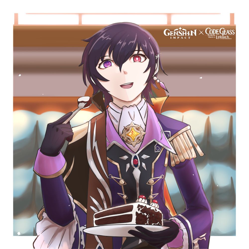Lelouch in his fanmade Genshin Impact outfit eating a chocolate cake with whipped cream icing and cherries on top.