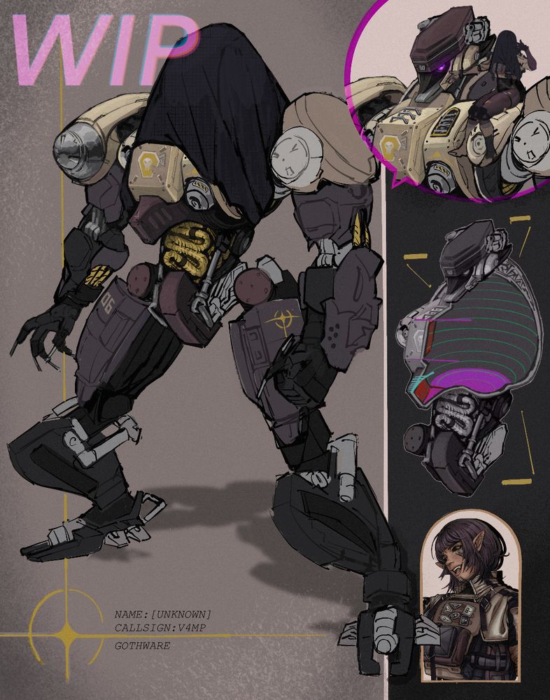 Work in progress of digital art of a purple and tan mech with a veil transposed to the side is cut aways of the mech and the pilot with the veil off 