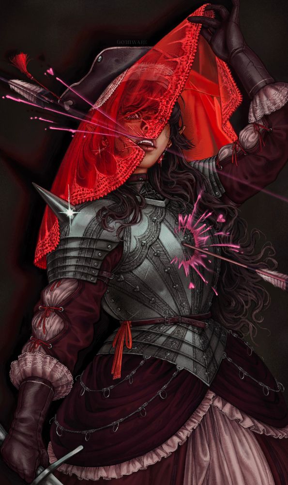 A knight in armor, leather hat and a layered dress. Her outfit is shades of maroon pink and red with a veil in bright red being pulled over her face. An arrow has gone by her face and in her chest piece leaving pink sparks on impact. She holds her sword low to her side.