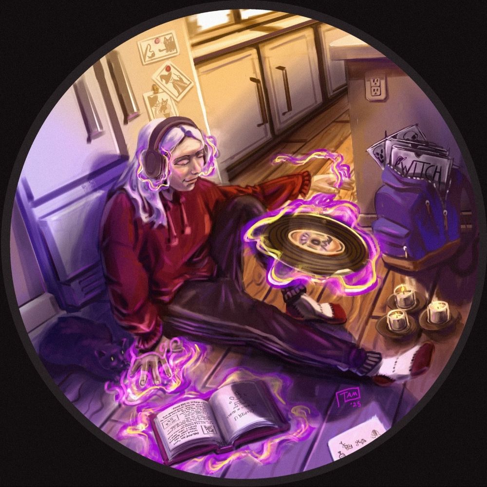 An illustration of a modern day witch casting a spell on a record to hear it on her headphones